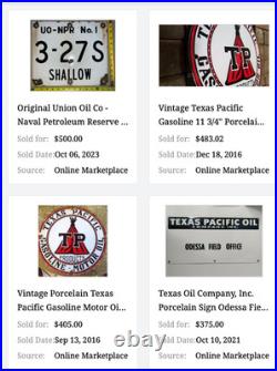 Vintage 1936 Shell & Texas Pacific Motor Oil & Gasoline Porcelain Metal Sign Lot