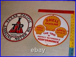 Vintage 1936 Shell & Texas Pacific Motor Oil & Gasoline Porcelain Metal Sign Lot