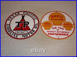 Vintage 1936 Shell & Texas Pacific Motor Oil & Gasoline Porcelain Metal Sign Lot