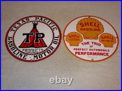 Vintage 1936 Shell & Texas Pacific Motor Oil & Gasoline Porcelain Metal Sign Lot