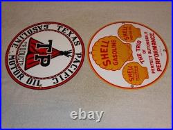 Vintage 1936 Shell & Texas Pacific Motor Oil & Gasoline Porcelain Metal Sign Lot