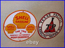 Vintage 1936 Shell & Texas Pacific Motor Oil & Gasoline Porcelain Metal Sign Lot