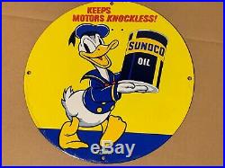 Vintage 1939 Donald Duck Sunoco Oil 11 3/4 Porcelain Metal Gasoline Sign Disney