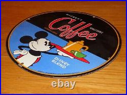 Vintage 1940 Mickey Mouse Coffee 12 Porcelain Metal Soda Pop Gasoline Oil Sign