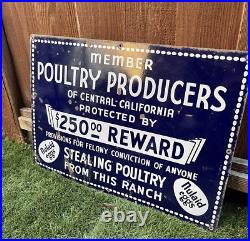 Vintage 1940s California Poultry Members Nulaid Eggs Porcelain Metal Farm Sign
