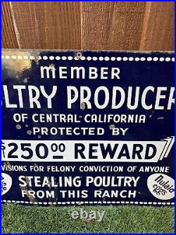 Vintage 1940s California Poultry Members Nulaid Eggs Porcelain Metal Farm Sign