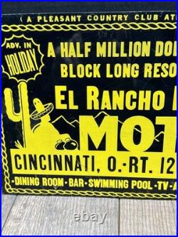Vintage 1940s El Rancho Rankin Motel Metal Sign Cincinnati Ohio Route 125 EAST
