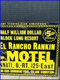 Vintage 1940s El Rancho Rankin Motel Metal Sign Cincinnati Ohio Route 125 EAST