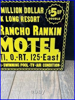 Vintage 1940s El Rancho Rankin Motel Metal Sign Cincinnati Ohio Route 125 EAST