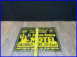 Vintage 1940s El Rancho Rankin Motel Metal Sign Cincinnati Ohio Route 125 EAST