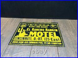 Vintage 1940s El Rancho Rankin Motel Metal Sign Cincinnati Ohio Route 125 EAST