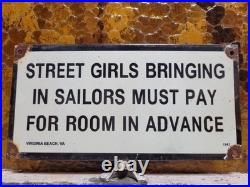 Vintage 1942 Sailor Porcelain Sign Old Hotel Virginia Beach Street Girls Brothel