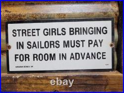 Vintage 1942 Sailor Porcelain Sign Old Hotel Virginia Beach Street Girls Brothel