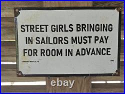 Vintage 1942 Sailor Porcelain Sign Old Hotel Virginia Beach Street Girls Brothel