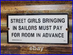 Vintage 1942 Sailor Porcelain Sign Old Hotel Virginia Beach Street Girls Brothel