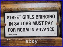Vintage 1942 Sailor Porcelain Sign Old Hotel Virginia Beach Street Girls Brothel