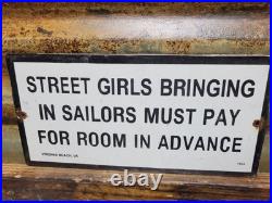 Vintage 1942 Sailor Porcelain Sign Old Hotel Virginia Beach Street Girls Brothel
