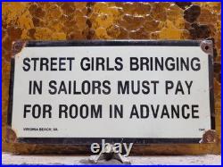 Vintage 1942 Sailor Porcelain Sign Old Hotel Virginia Beach Street Girls Brothel