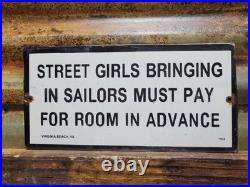 Vintage 1942 Sailor Porcelain Sign Old Hotel Virginia Beach Street Girls Brothel