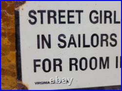 Vintage 1942 Sailor Porcelain Sign Old Hotel Virginia Beach Street Girls Brothel