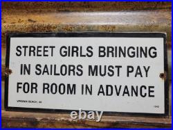 Vintage 1942 Sailor Porcelain Sign Old Hotel Virginia Beach Street Girls Brothel