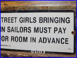 Vintage 1942 Sailor Porcelain Sign Old Hotel Virginia Beach Street Girls Brothel