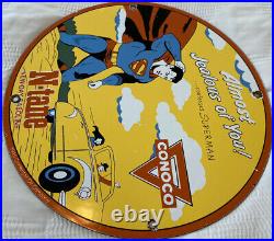 Vintage 1945 Superman N Tane Conoco Gasoline 12 Porcelain Metal Comic Oil Sign