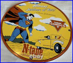 Vintage 1945 Superman N Tane Conoco Gasoline 12 Porcelain Metal Comic Oil Sign
