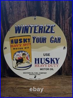 Vintage 1947 Husky Gasoline Motor Oils Porcelain Gas Pump Metal Sign 12