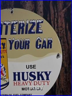 Vintage 1947 Husky Gasoline Motor Oils Porcelain Gas Pump Metal Sign 12