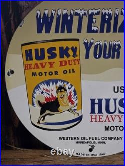 Vintage 1947 Husky Gasoline Motor Oils Porcelain Gas Pump Metal Sign 12