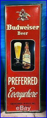 Vintage 1948 Vertical Budweiser Preferred LG Metal Beer Sign With Bottle 54inX18in