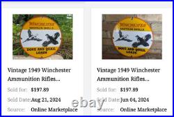 Vintage 1949 Winchester Dove Quail Shotgun Loads Gun Bullet Porcelain Metal Sign