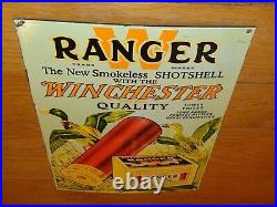 Vintage 1950 Ranger W Winchester Shotshell 16.5 Porcelain Metal Shotgun Sign