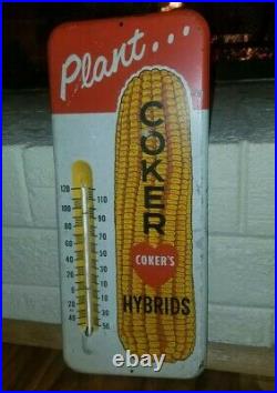 Vintage 1950's Coker Hybrids Metal Thermometer Sign (with original thermometer)