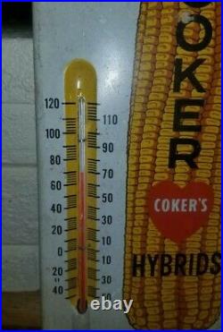 Vintage 1950's Coker Hybrids Metal Thermometer Sign (with original thermometer)
