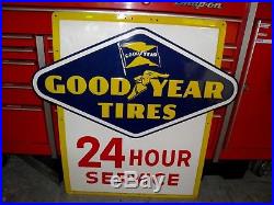Vintage 1950's Goodyear Tires 24 Hour Service Embossed Metal Sign, Real, Rare