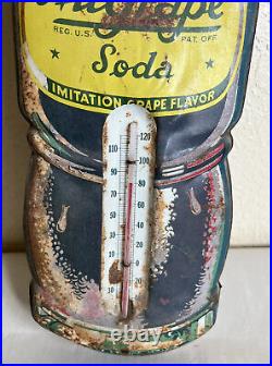 Vintage 1950's NuGrape Soda Bottle Metal Sign Thermometer Advertising Nu Grape