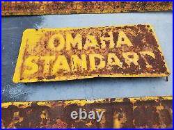 Vintage 1950's Omaha Standard Truck Semi Farm Gas Oil Embossed Metal Signs Farm