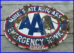 Vintage 1950s AAA Minn State Auto Gas Oil 2 Sided 30x23 Porcelain Metal Sign