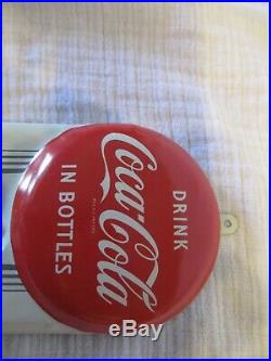 Vintage 1950s Coca Cola 9in. Button Thermometer Metal Coke Sign Working near mint