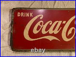Vintage 1950s Original DRINK COCA COLA Self Framed Metal Sign with Bottle 32x12