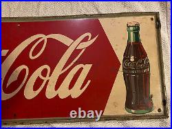 Vintage 1950s Original DRINK COCA COLA Self Framed Metal Sign with Bottle 32x12