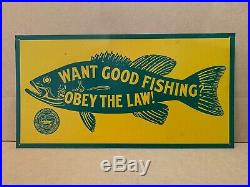 Vintage 1950s Want Good Fishing Obey The Law Metal Sign Pennsylvania Bait Rod