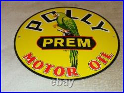 Vintage 1951 Polly Prem Motor Oil +parrot 11 3/4 Porcelain Metal Gasoline Sign