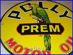 Vintage 1951 Polly Prem Motor Oil +parrot 11 3/4 Porcelain Metal Gasoline Sign