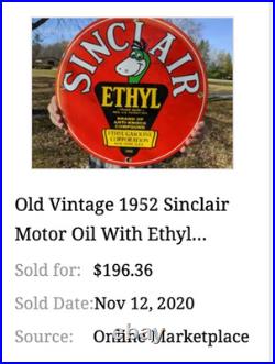 Vintage 1952 Sinclair Ethyl Gasoline Dino Porcelain Skull Cross Bones Metal Sign