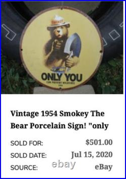 Vintage 1954 Smokey The Bear Forest Fire Prevention Porcelain Metal Gas Oil Sign