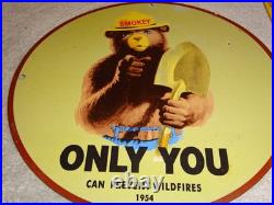 Vintage 1954 Smokey The Bear Forest Fire Prevention Porcelain Metal Gas Oil Sign