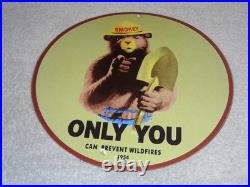 Vintage 1954 Smokey The Bear Forest Fire Prevention Porcelain Metal Gas Oil Sign